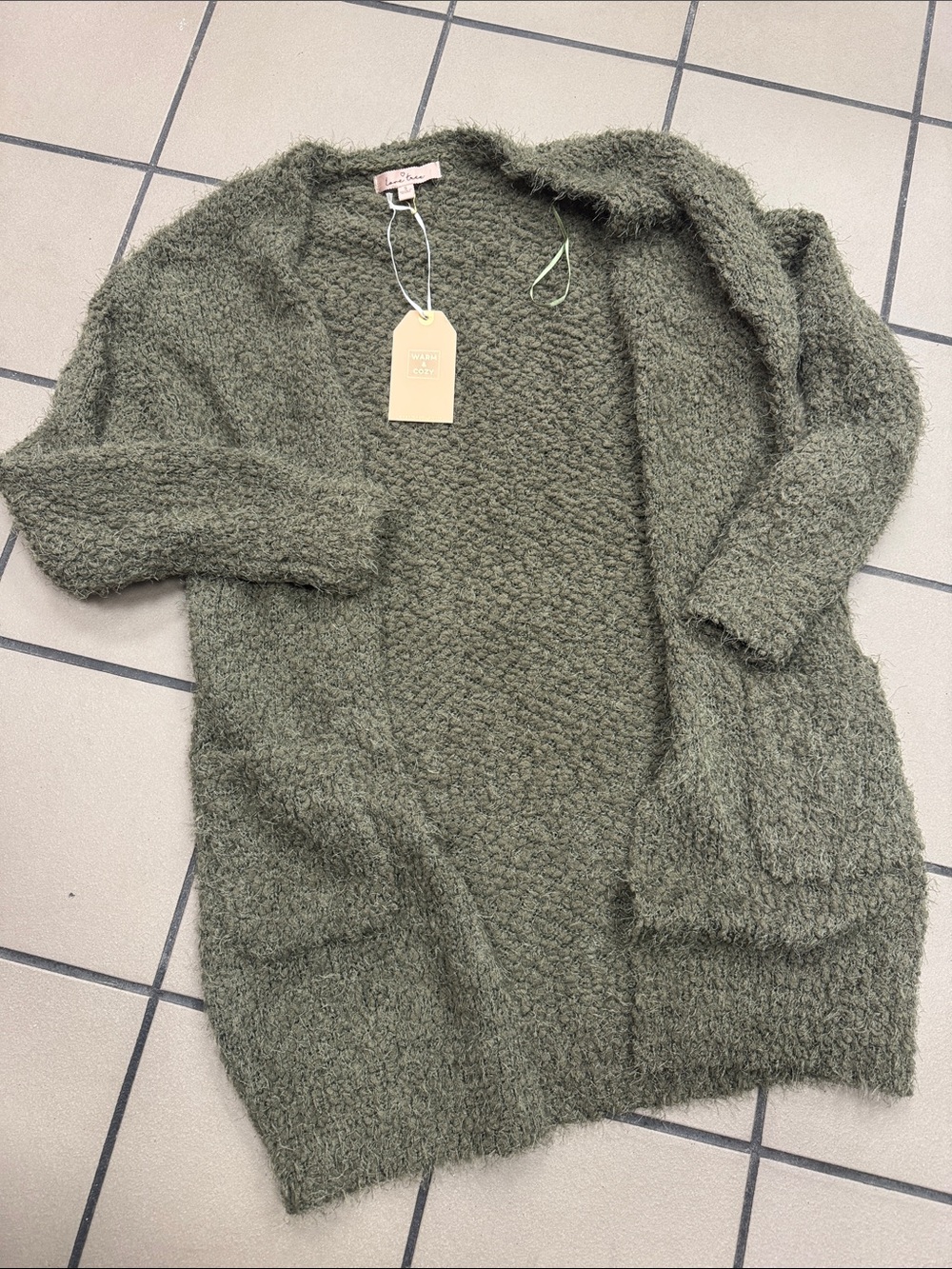 Love Tree Olive Green Open-Front Fuzzy Cardigan